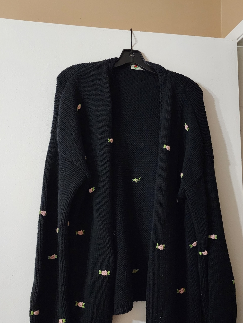 Fanm Mon Black Open Cardigan with Pink Rose Embroidery